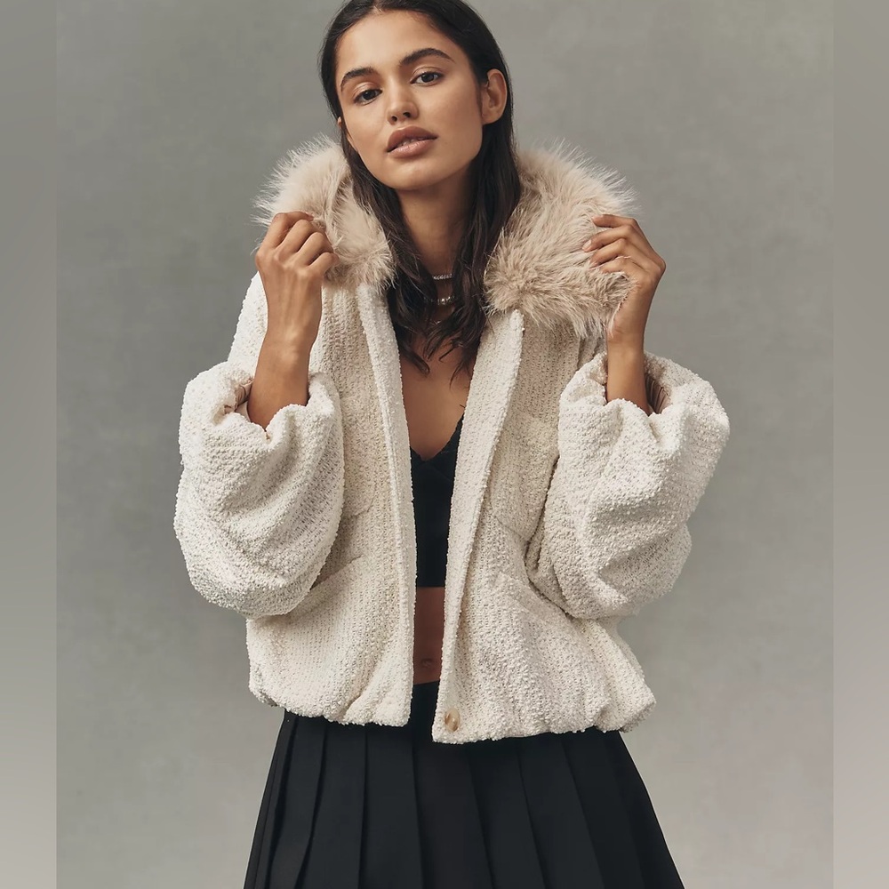 Maeve Faux Fur Collar Boucle Bubble Bomber Jacket